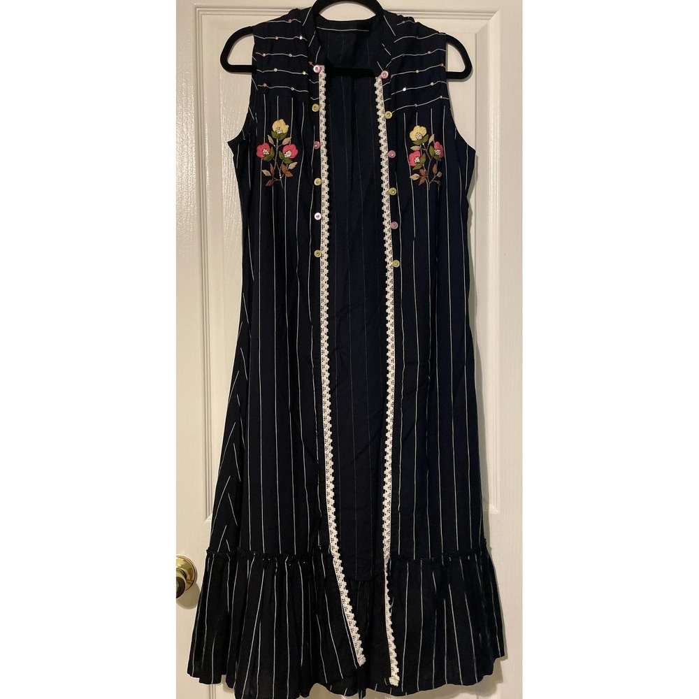 Boho Dress Womens M Blue Stripe Embroidered Floral Maxi Sleeveless Ruffle Hem